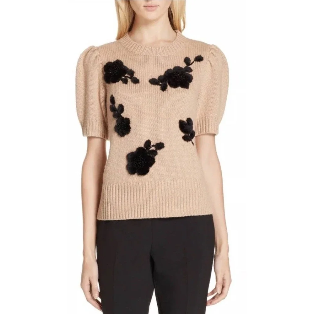 Kate Spade floral appliqué Beige short‎ sleeve Cashmere Wool Blend Sweater M NEW